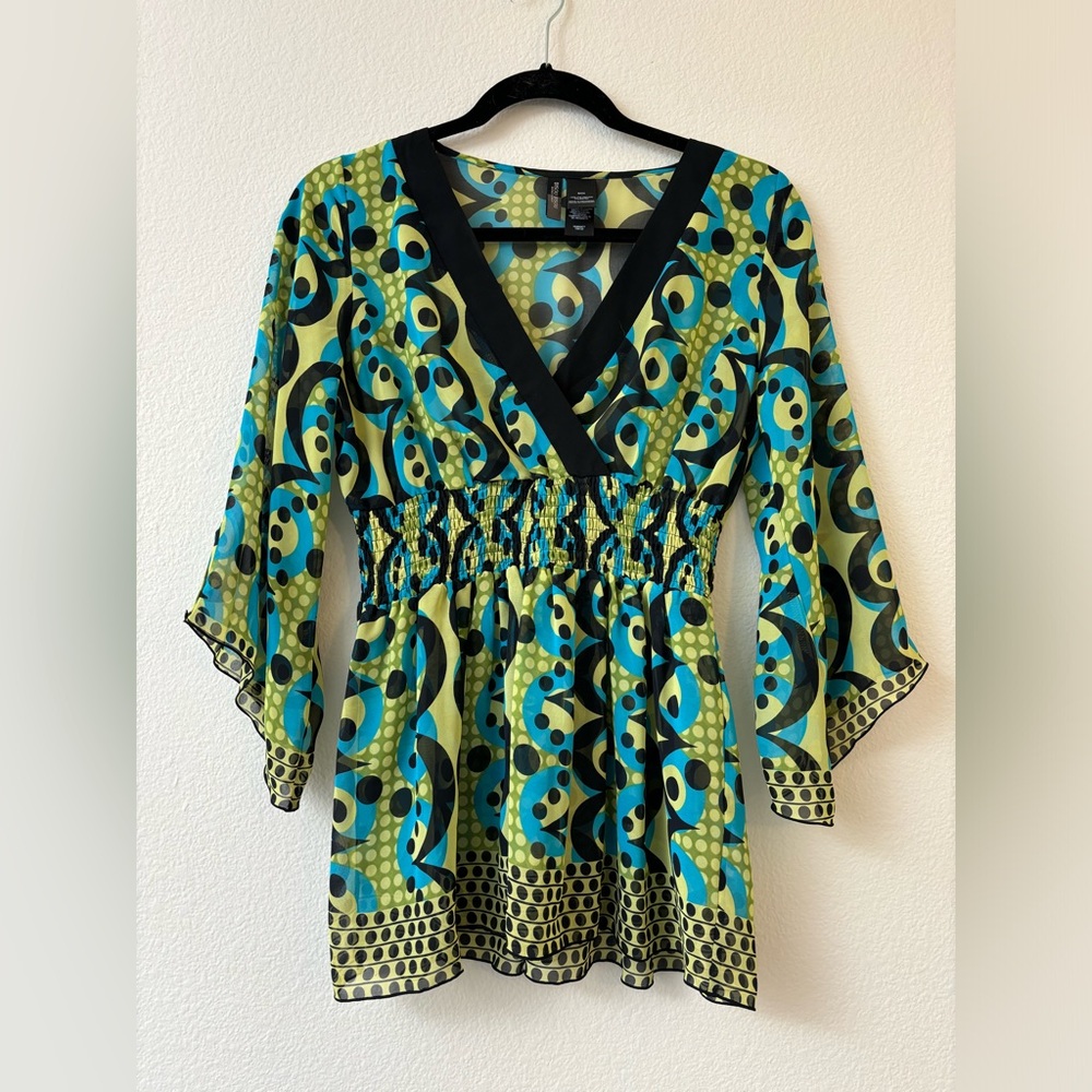 Bisou‎ Bisou Y2K babydoll top small S sheer blue green bell sleeves psychedelic